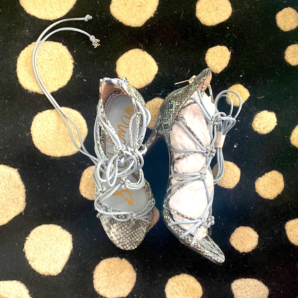 Baby blue caged ankle tie sandal